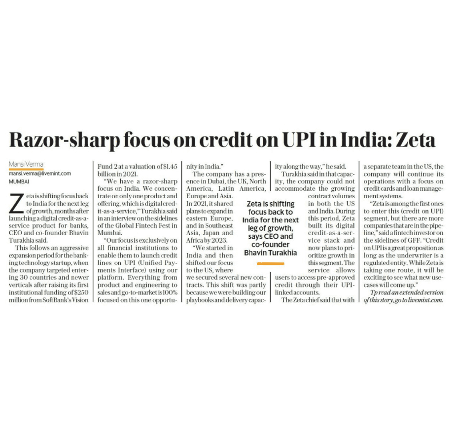 Razor-sharp focus on credit on UPI in India: Zeta