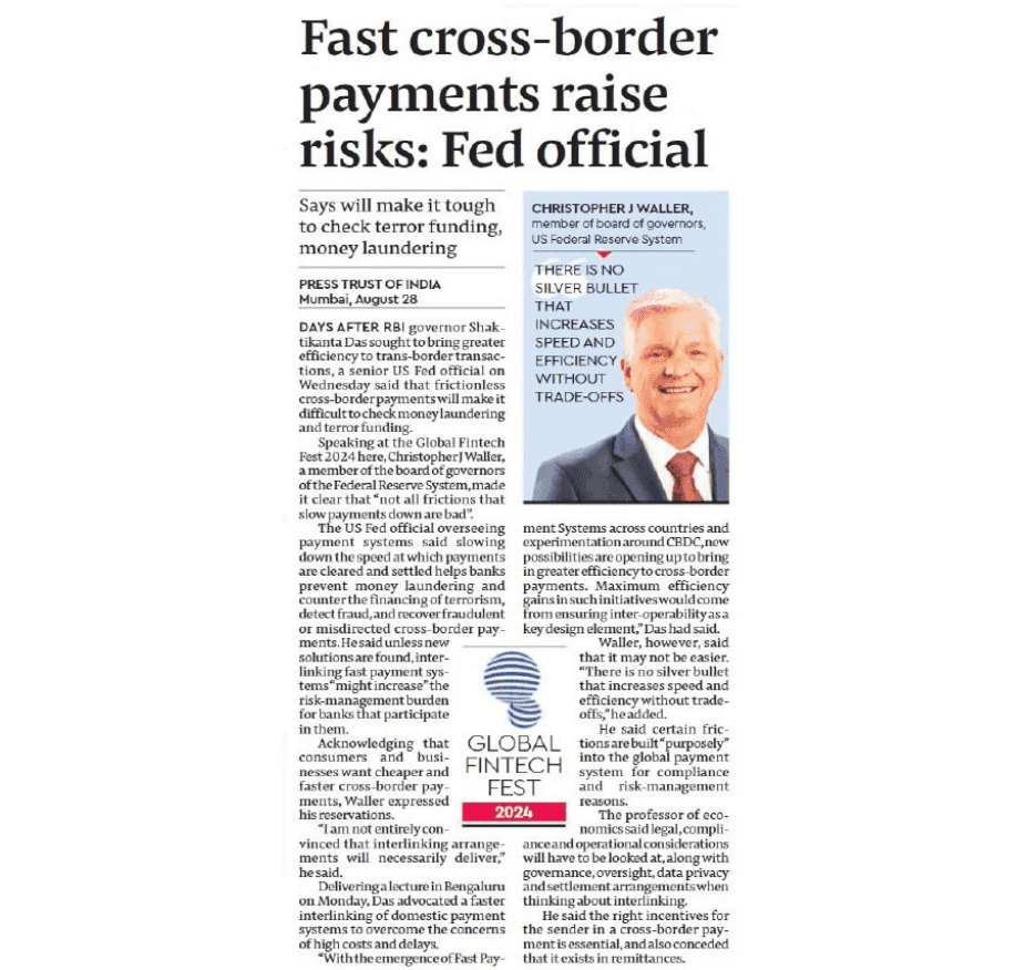 Fast cross-border payments raise risks: Fed official