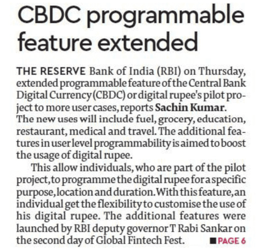 CBDC programmable feature extended